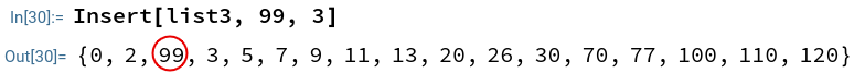list3 এর প্রথম থেকে অর্থাৎ বাম দিক থেকে ৩ নাম্বার পজিশনে 99 add হয়েছে এবং বাকি উপাদানগুলি ডান দিকে এক ঘর করে সরে গেছে।